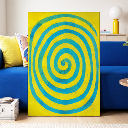 Citron Spiral, yellow, blue, green abstract wall art displayed in a styled interior, gallery view 3