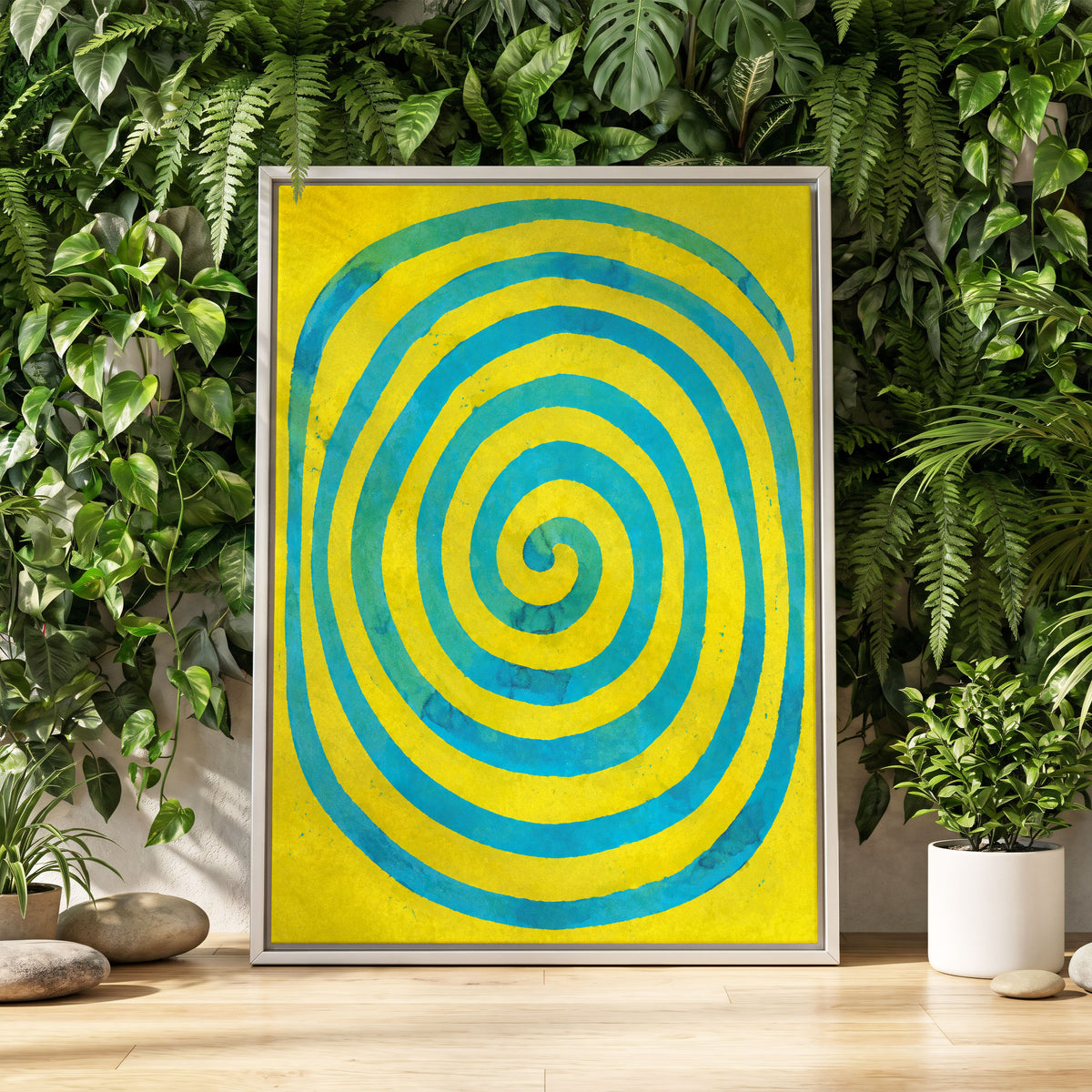 Citron Spiral, yellow, blue, green abstract wall art displayed in a styled interior, gallery view 4
