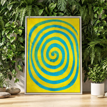 Citron Spiral, yellow, blue, green abstract wall art displayed in a styled interior, gallery view 4