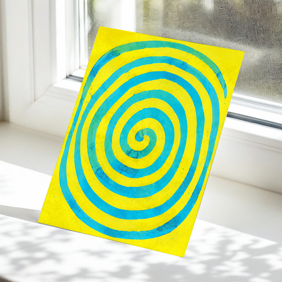 Citron Spiral, yellow, blue, green abstract wall art displayed in a styled interior, gallery view 5