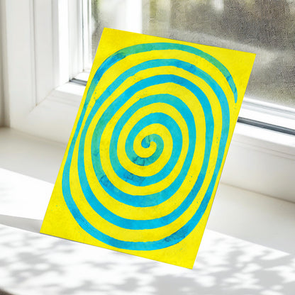Citron Spiral, yellow, blue, green abstract wall art displayed in a styled interior, gallery view 5