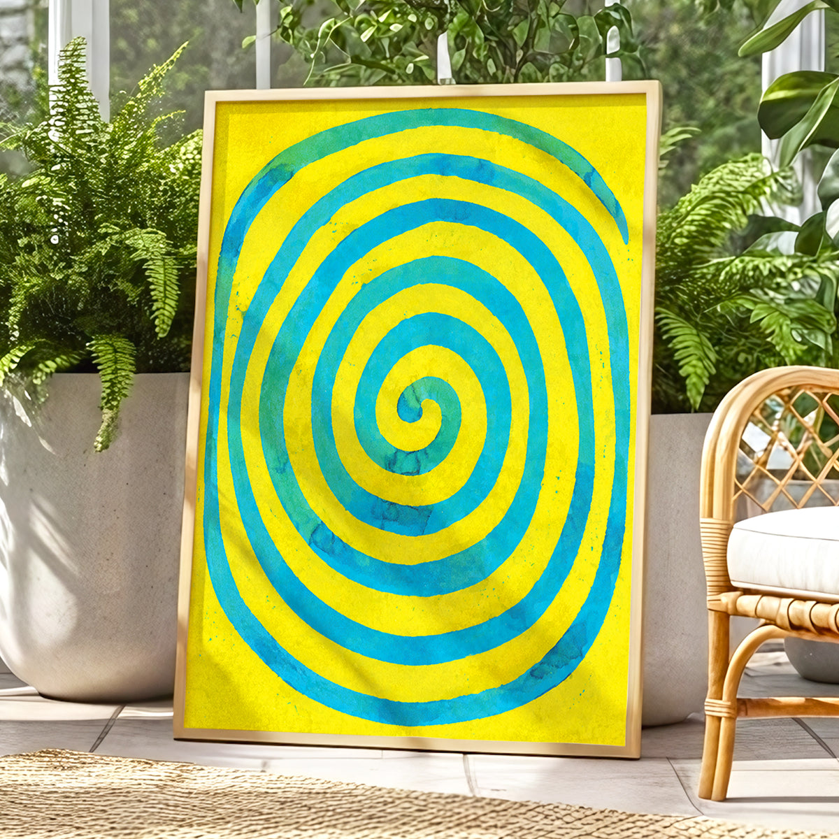 Citron Spiral, yellow, blue, green abstract wall art displayed in a styled interior, gallery view 6