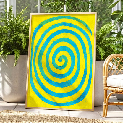 Citron Spiral, yellow, blue, green abstract wall art displayed in a styled interior, gallery view 6