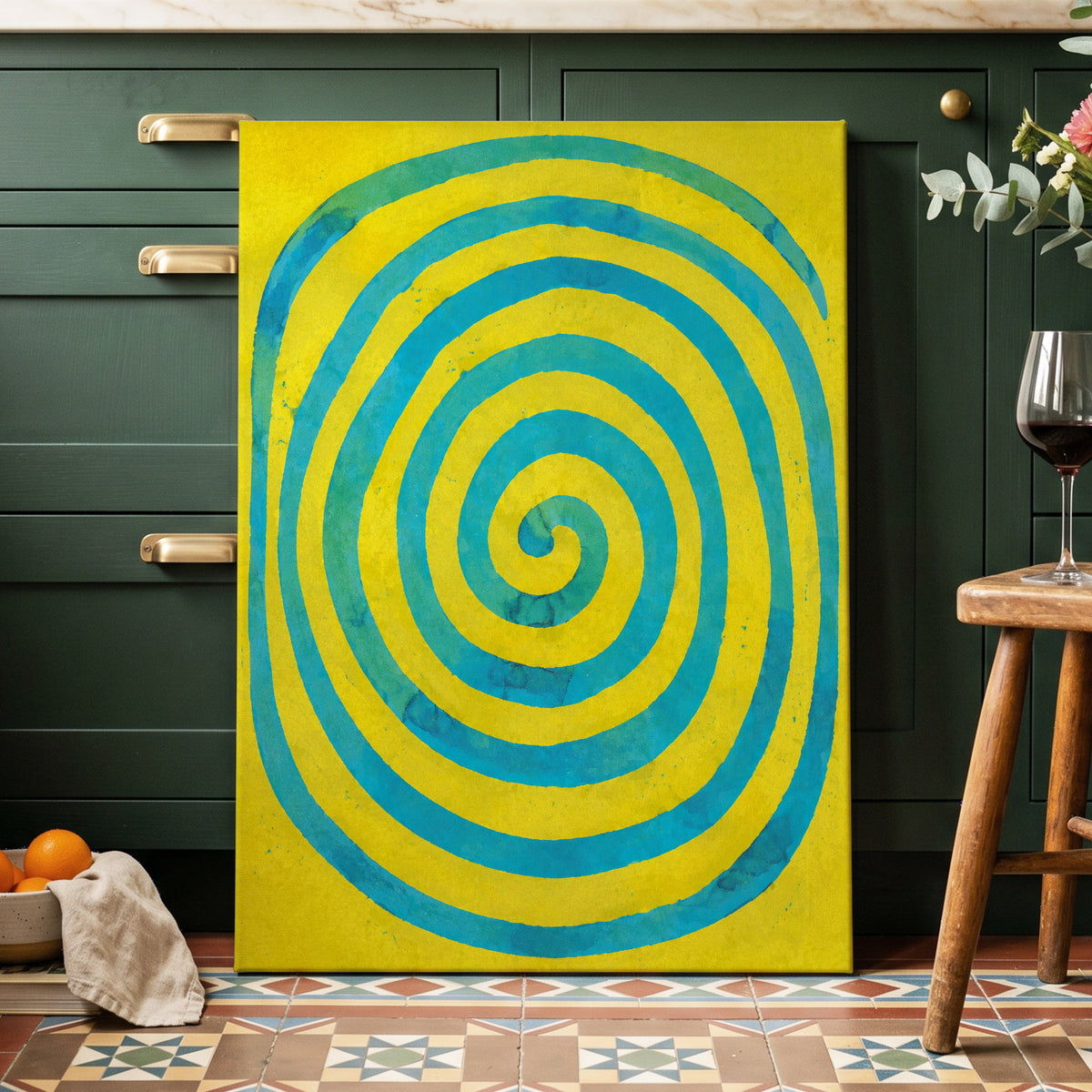Citron Spiral, yellow, blue, green abstract wall art displayed in a styled interior, gallery view 7
