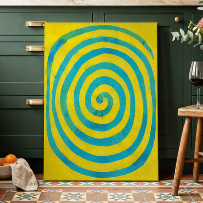 Citron Spiral, yellow, blue, green abstract wall art displayed in a styled interior, gallery view 7