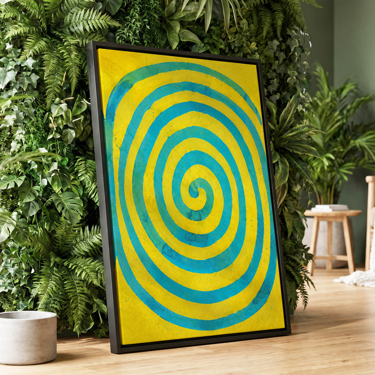 Citron Spiral, yellow, blue, green abstract wall art displayed in a styled interior, gallery view 8