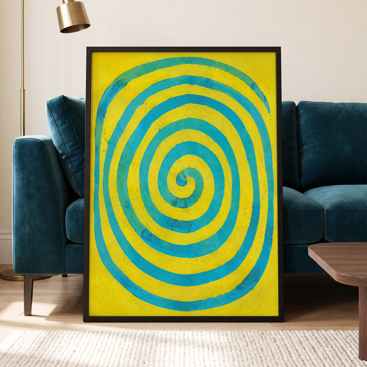 Citron Spiral, yellow, blue, green abstract wall art displayed in a styled interior, gallery view 9