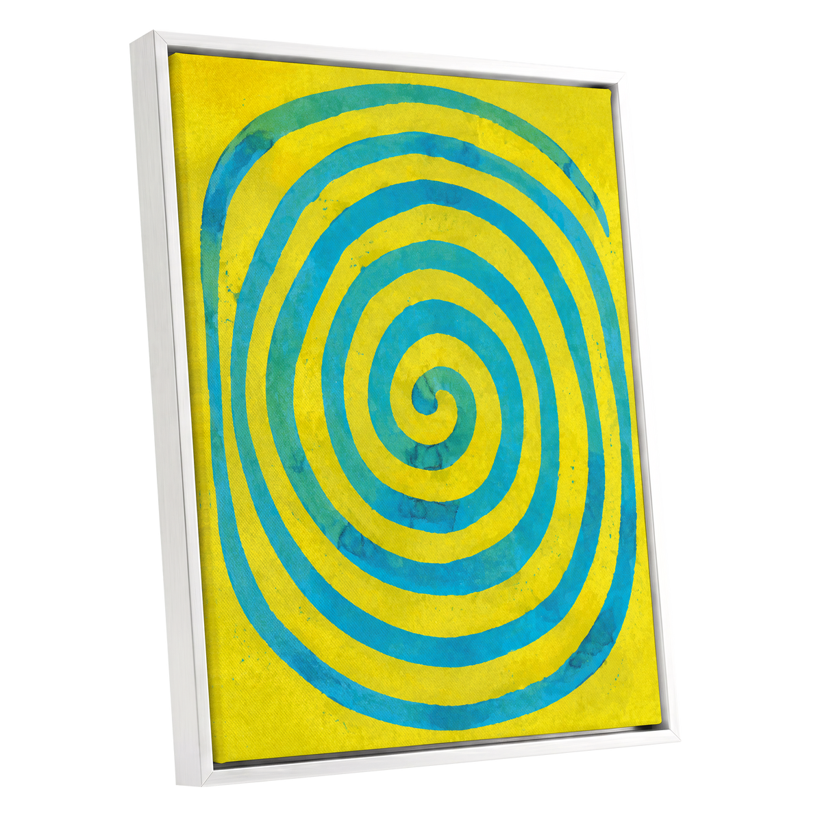 Citron Spiral, yellow, blue, green abstract wall art shown as a white framed canvas wall art