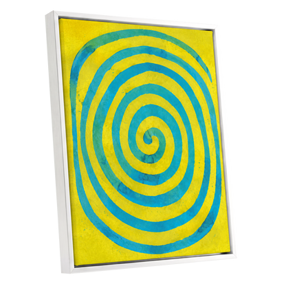 Citron Spiral, yellow, blue, green abstract wall art shown as a white framed canvas wall art