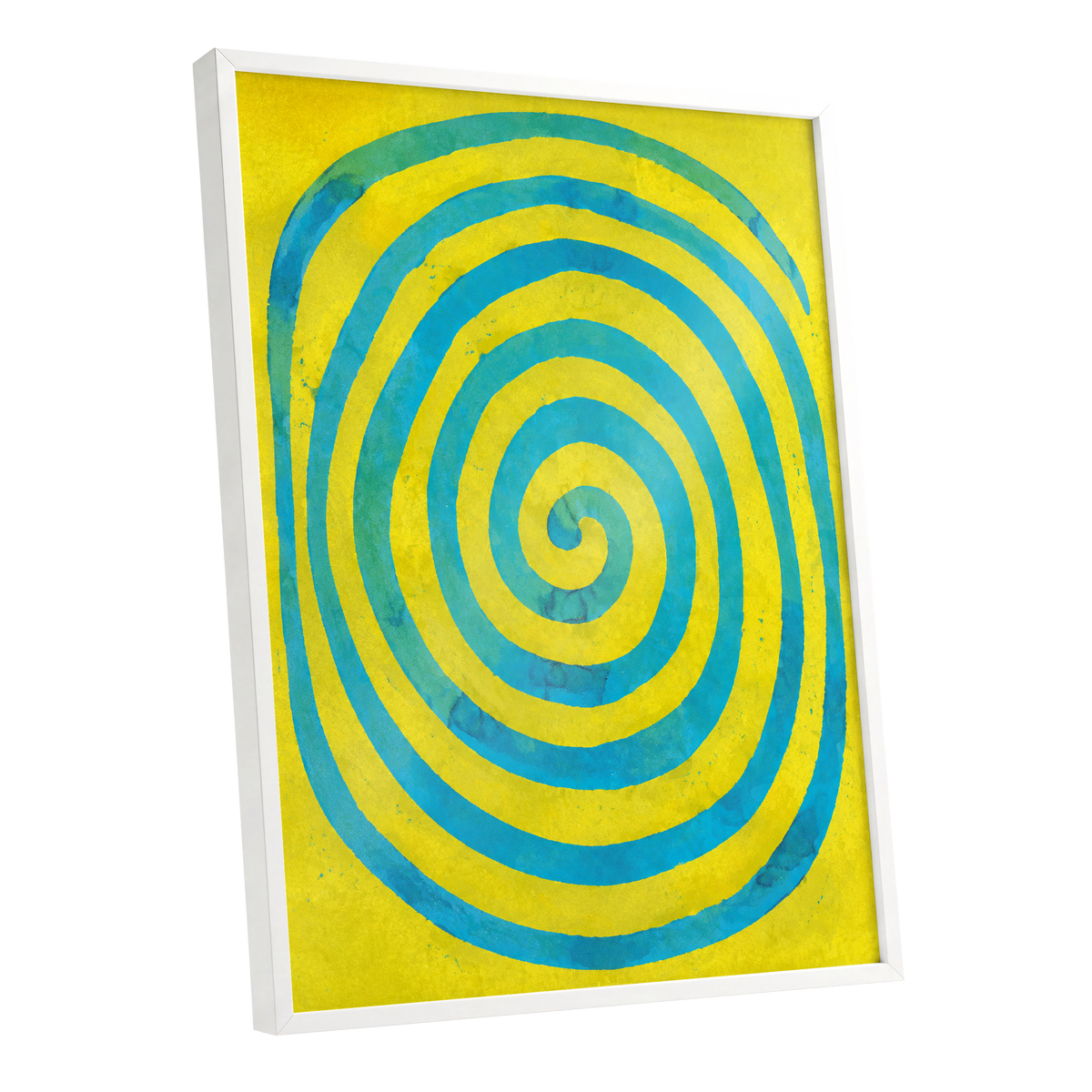 Citron Spiral, yellow, blue, green abstract wall art shown as a white framed poster wall art print