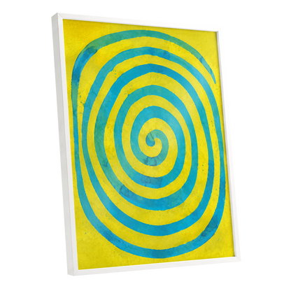 Citron Spiral, yellow, blue, green abstract wall art shown as a white framed poster wall art print