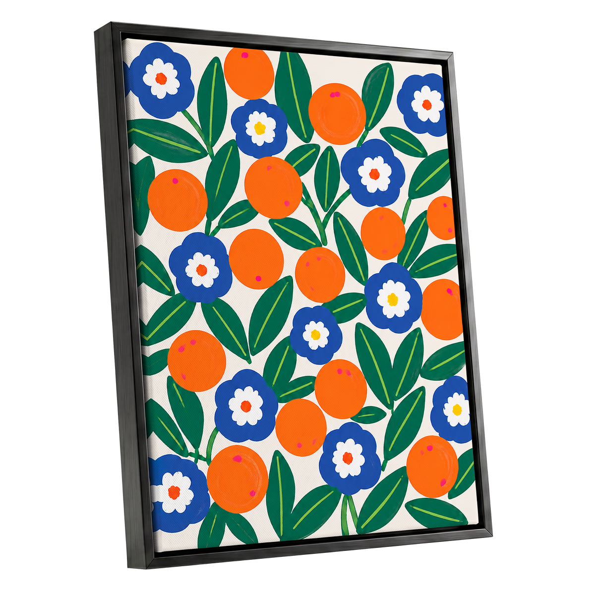 Citrus and Cobalt, orange, blue, green floral wall art shown as a black framed canvas wall art