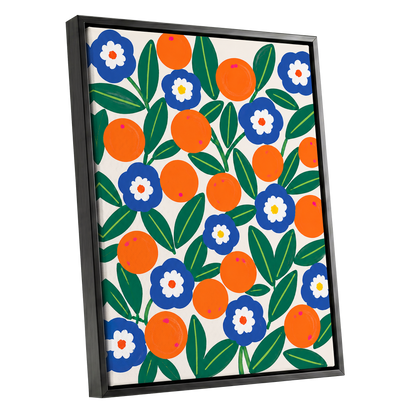 Citrus and Cobalt, orange, blue, green floral wall art shown as a black framed canvas wall art
