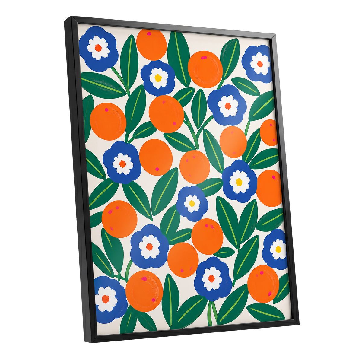 Citrus and Cobalt, orange, blue, green floral wall art shown as a black framed poster wall art print