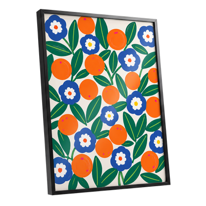 Citrus and Cobalt, orange, blue, green floral wall art shown as a black framed poster wall art print