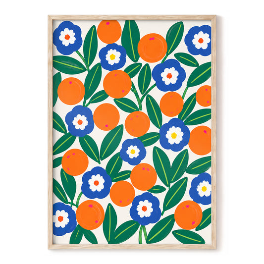 Citrus and Cobalt, orange, blue, green floral wall art, front artwork view