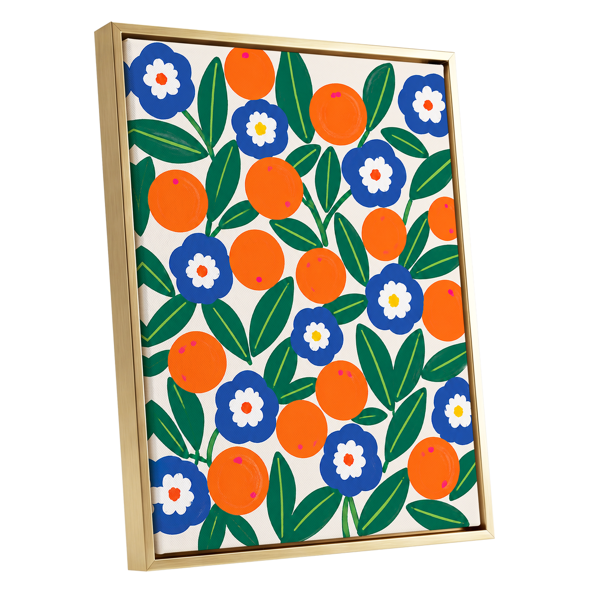 Citrus and Cobalt, orange, blue, green floral wall art shown as a gold framed canvas wall art