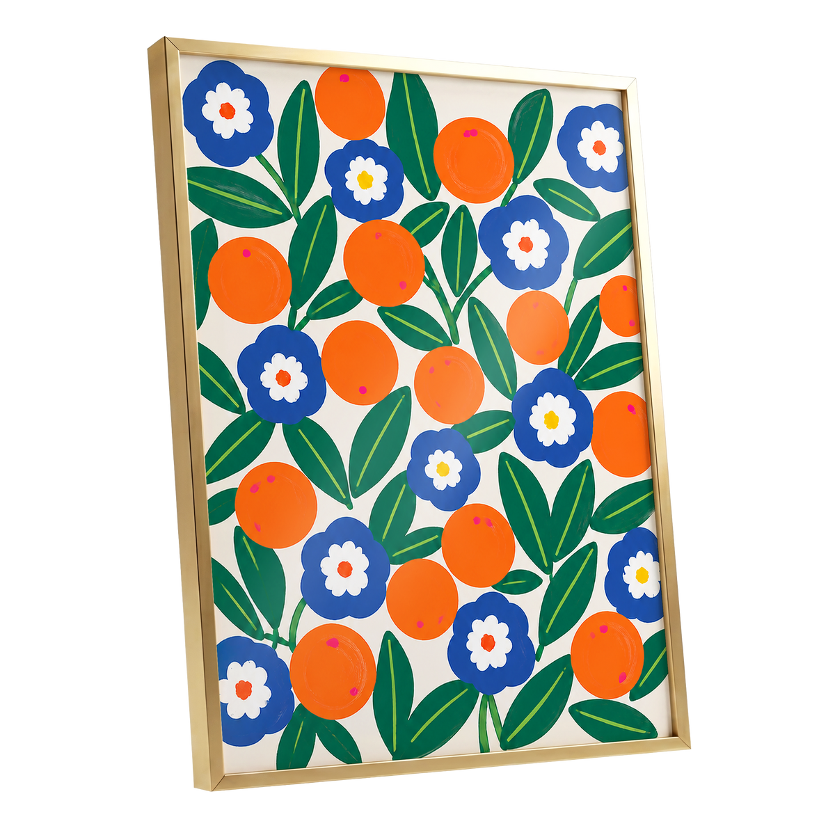 Citrus and Cobalt, orange, blue, green floral wall art shown as a gold framed poster wall art print