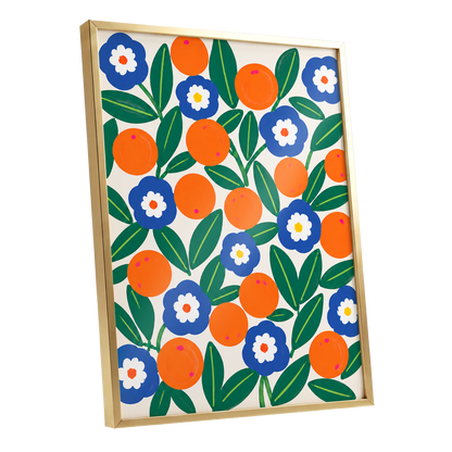 Citrus and Cobalt, orange, blue, green floral wall art shown as a gold framed poster wall art print
