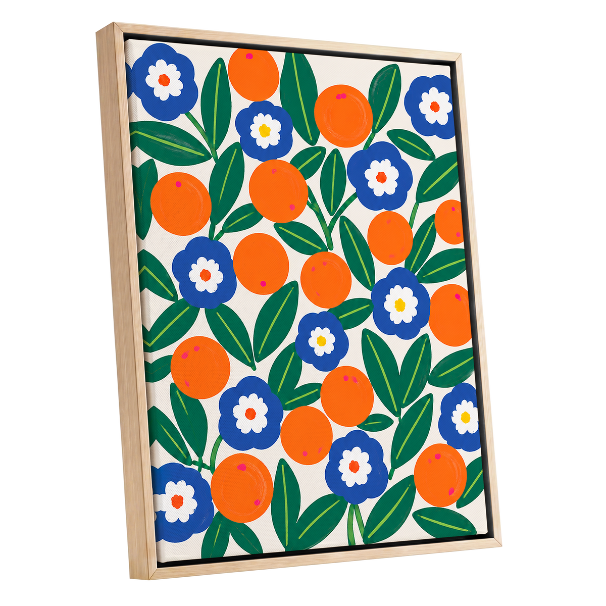 Citrus and Cobalt, orange, blue, green floral wall art shown as a oak framed canvas wall art
