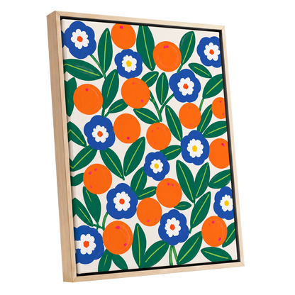 Citrus and Cobalt, orange, blue, green floral wall art shown as a oak framed canvas wall art