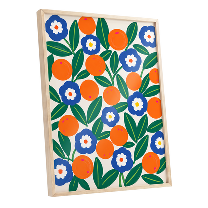 Citrus and Cobalt, orange, blue, green floral wall art shown as a oak framed poster wall art print