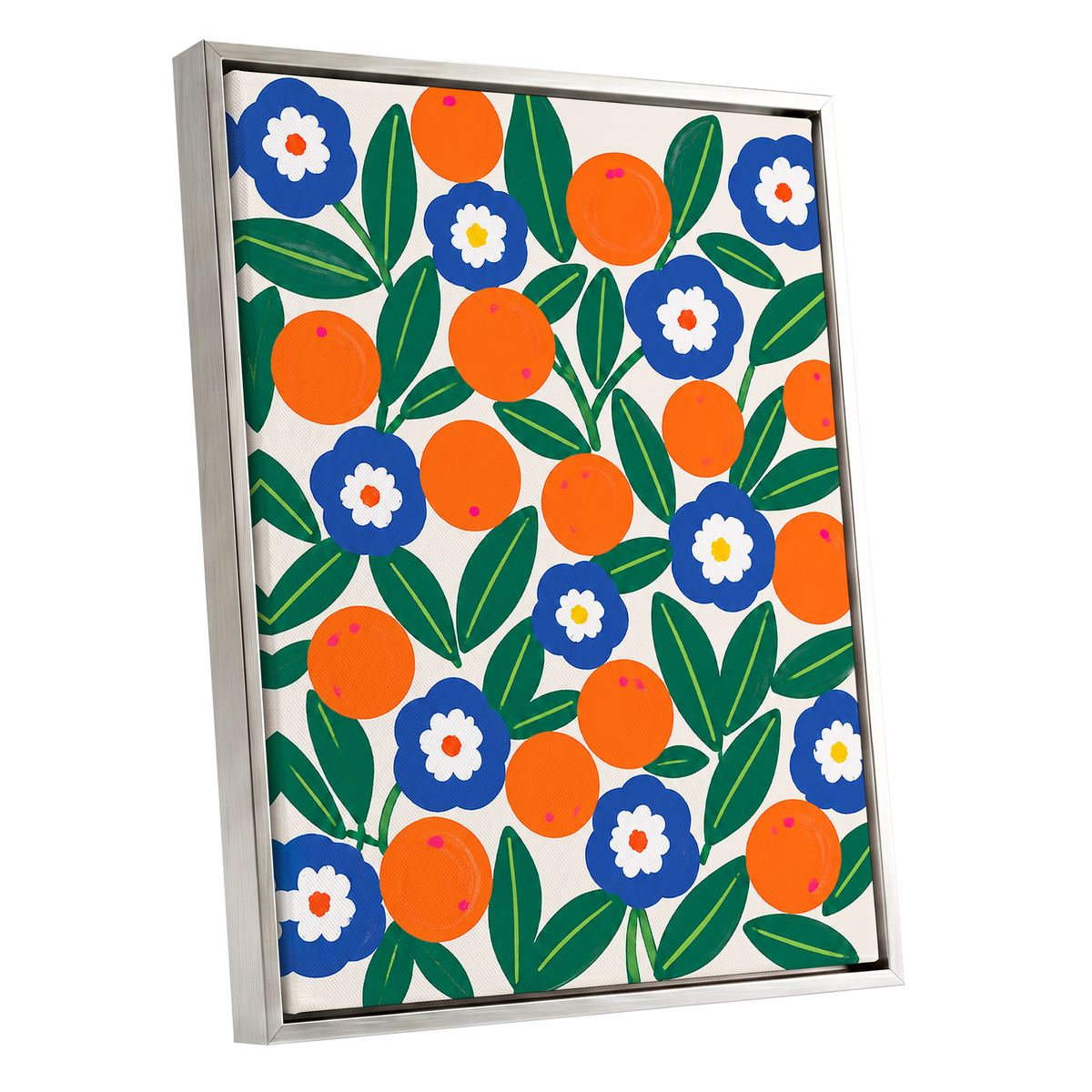 Citrus and Cobalt, orange, blue, green floral wall art shown as a silver framed canvas wall art