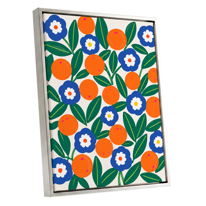 Citrus and Cobalt, orange, blue, green floral wall art shown as a silver framed canvas wall art