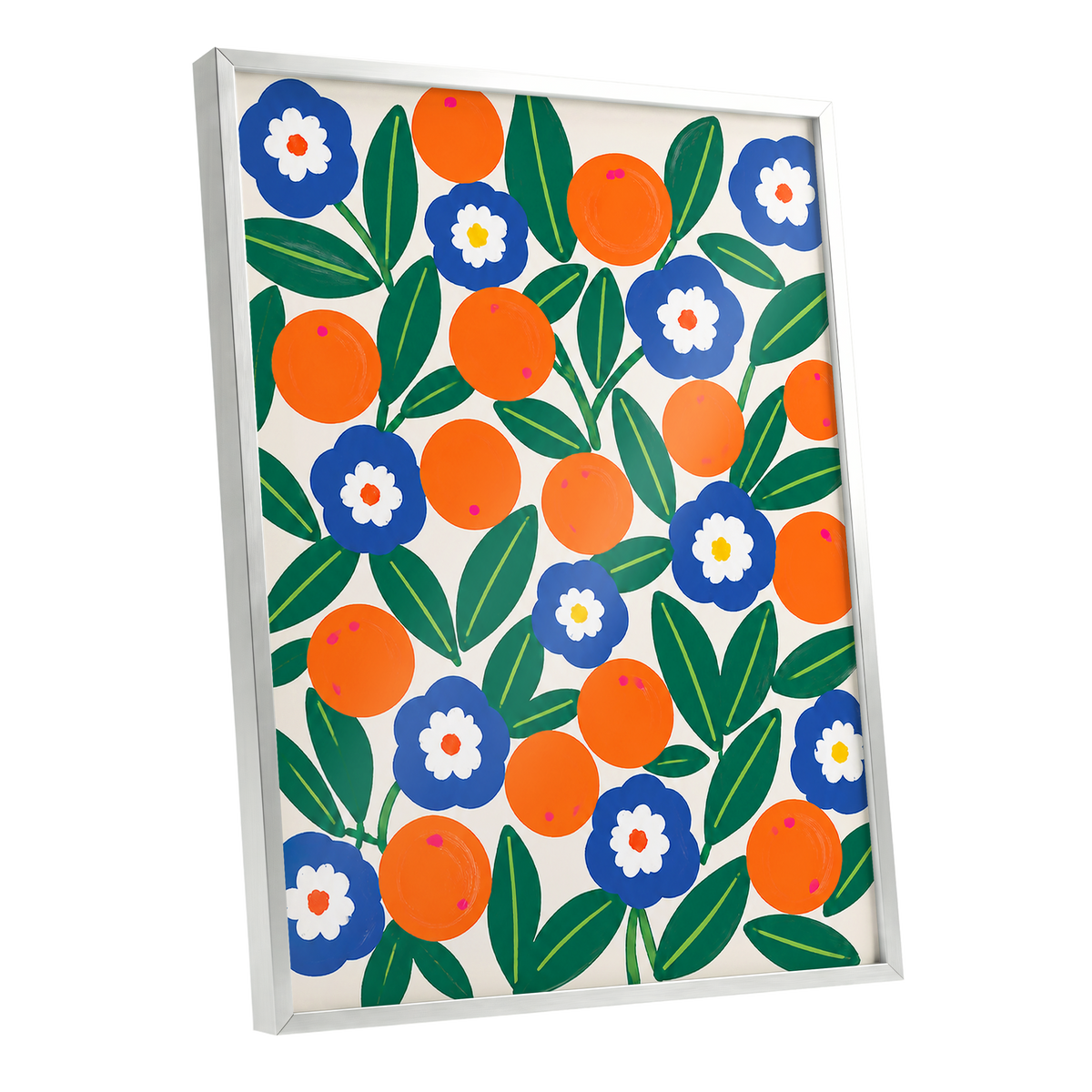 Citrus and Cobalt, orange, blue, green floral wall art shown as a silver framed poster wall art print