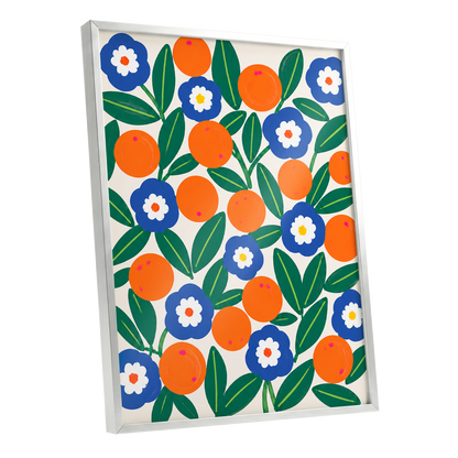 Citrus and Cobalt, orange, blue, green floral wall art shown as a silver framed poster wall art print