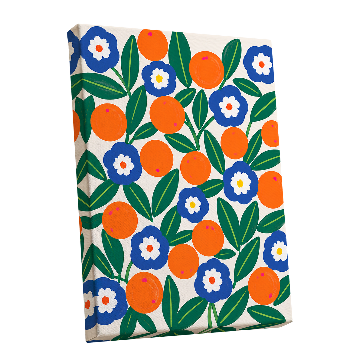 Citrus and Cobalt, orange, blue, green floral wall art shown as a stretched canvas wall art