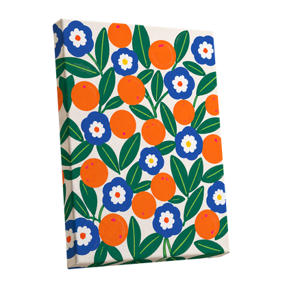 Citrus and Cobalt, orange, blue, green floral wall art shown as a stretched canvas wall art