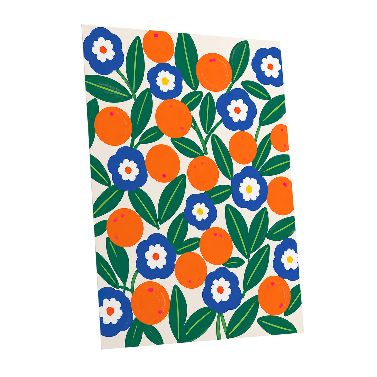 Citrus and Cobalt, orange, blue, green floral wall art shown as a unframed poster wall art print