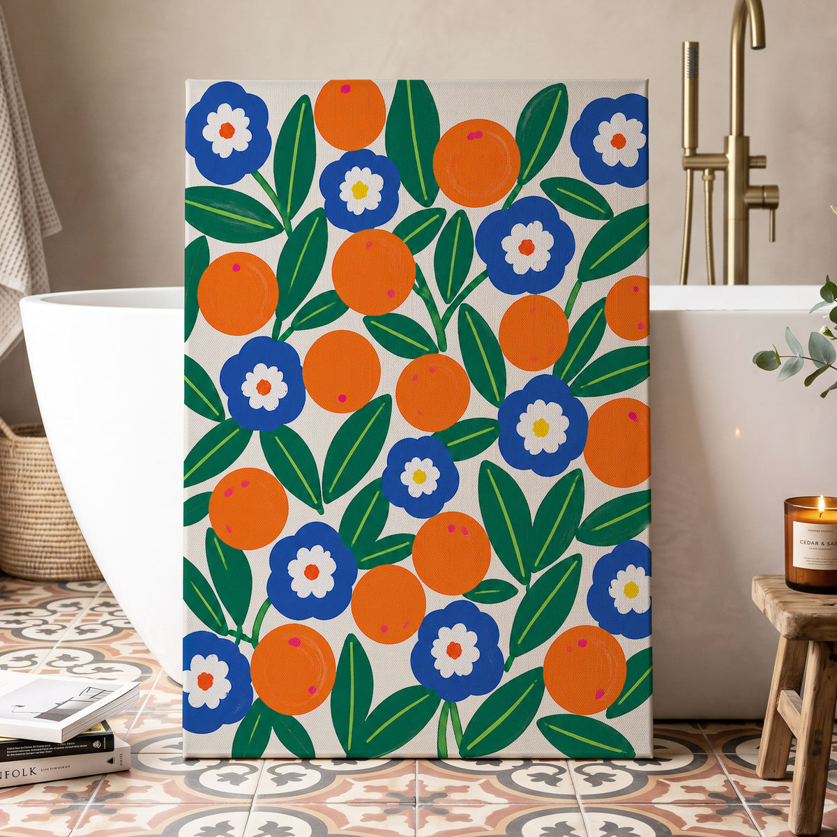 Citrus and Cobalt, orange, blue, green floral wall art displayed in a styled interior, gallery view 3