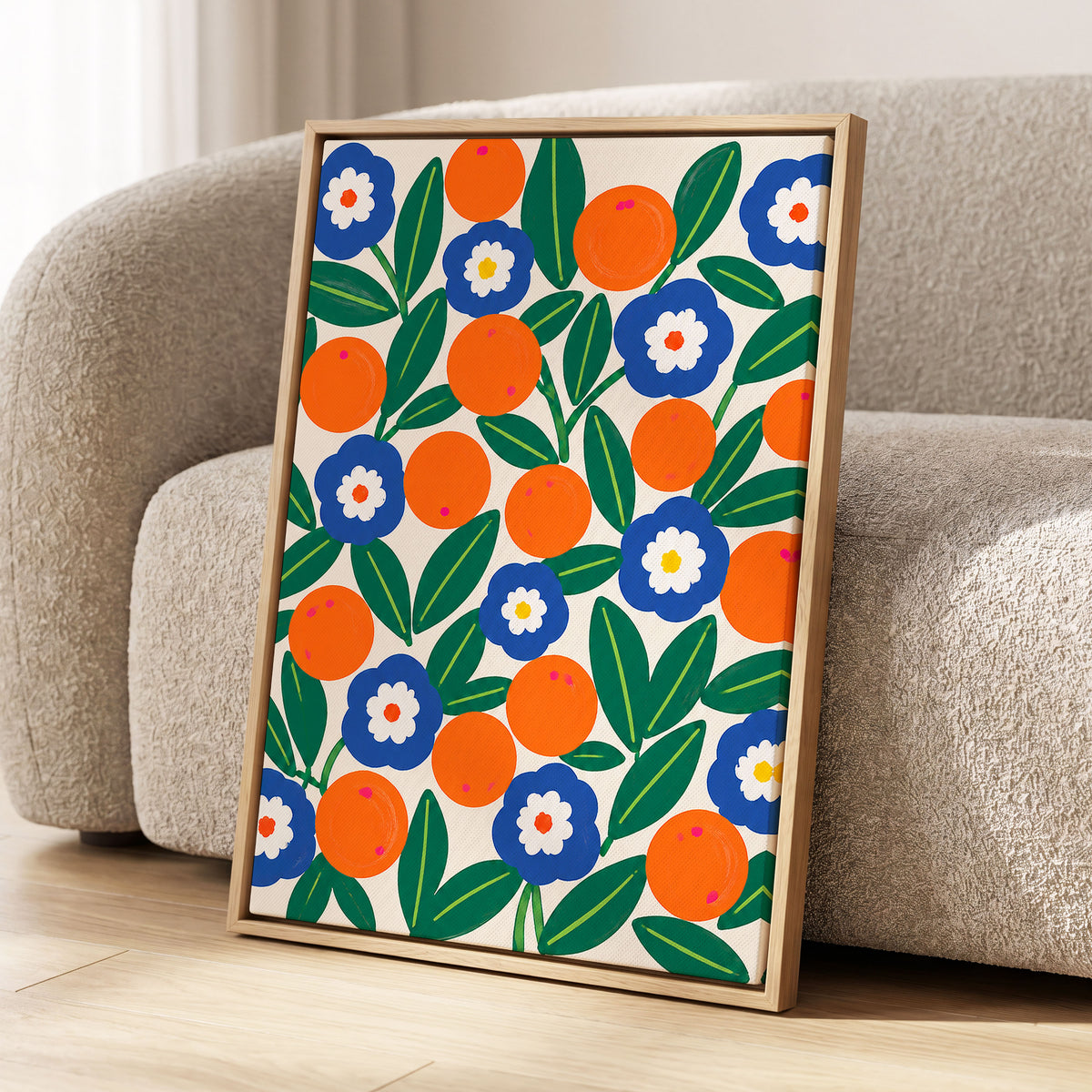 Citrus and Cobalt, orange, blue, green floral wall art displayed in a styled interior, gallery view 4