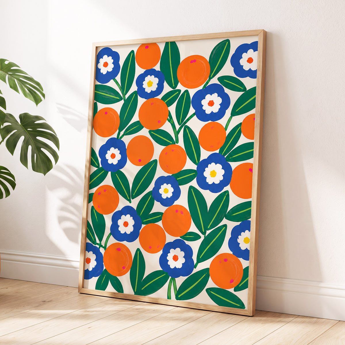 Citrus and Cobalt, orange, blue, green floral wall art displayed in a styled interior, gallery view 6