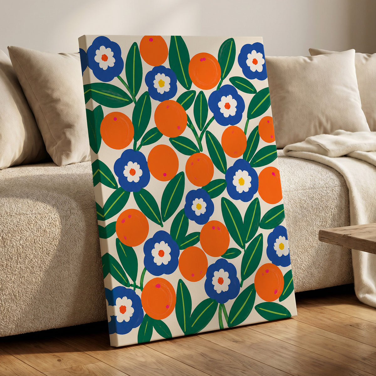 Citrus and Cobalt, orange, blue, green floral wall art displayed in a styled interior, gallery view 7