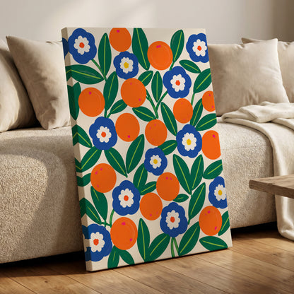Citrus and Cobalt, orange, blue, green floral wall art displayed in a styled interior, gallery view 7