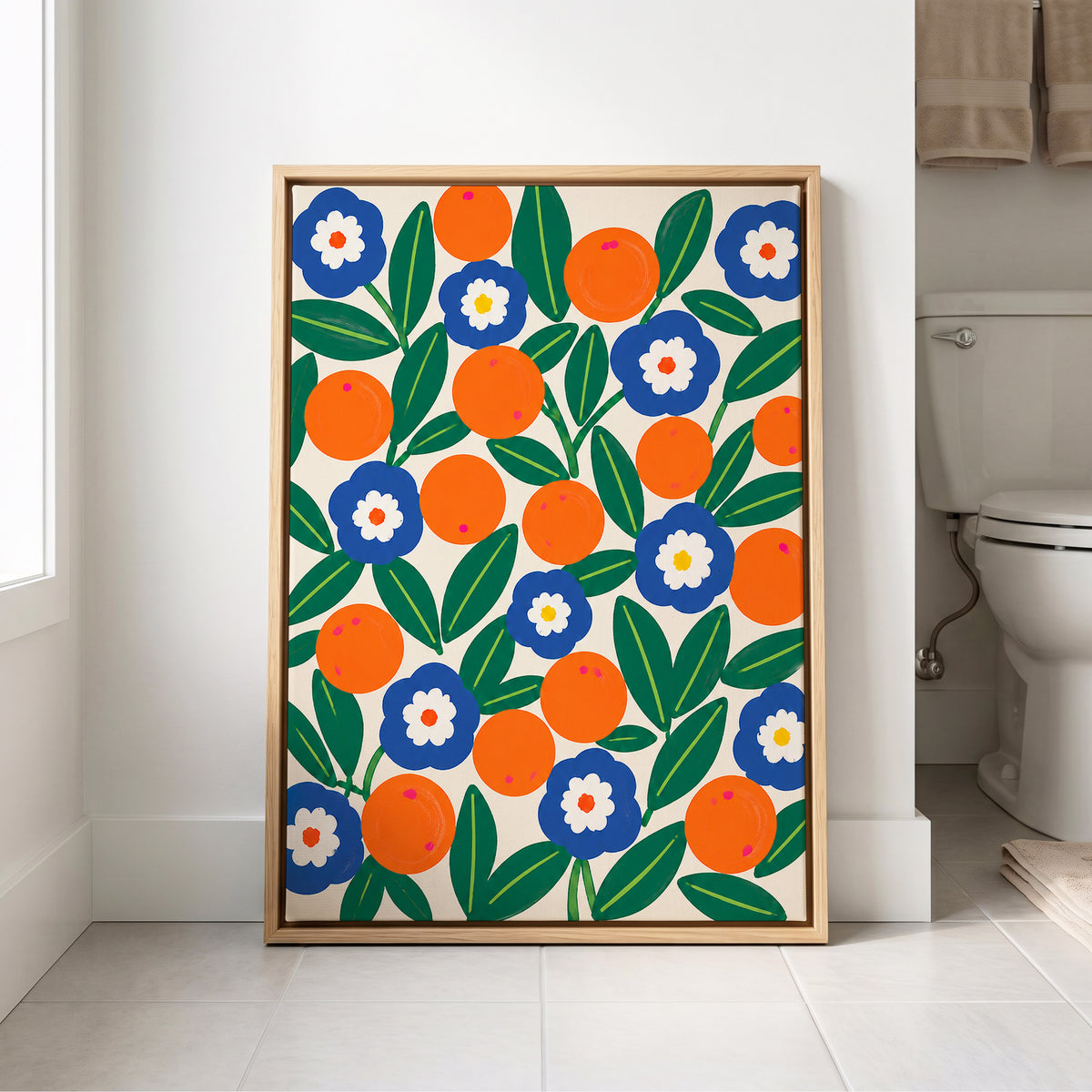 Citrus and Cobalt, orange, blue, green floral wall art displayed in a styled interior, gallery view 8