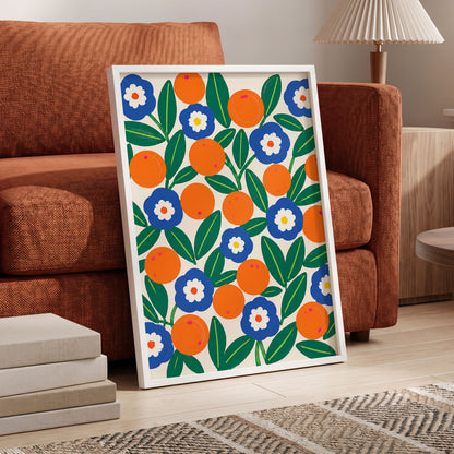 Citrus and Cobalt, orange, blue, green floral wall art displayed in a styled interior, gallery view 9