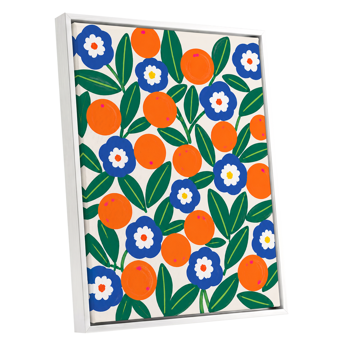 Citrus and Cobalt, orange, blue, green floral wall art shown as a white framed canvas wall art
