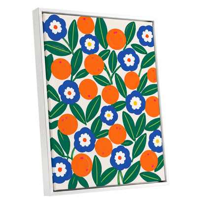 Citrus and Cobalt, orange, blue, green floral wall art shown as a white framed canvas wall art