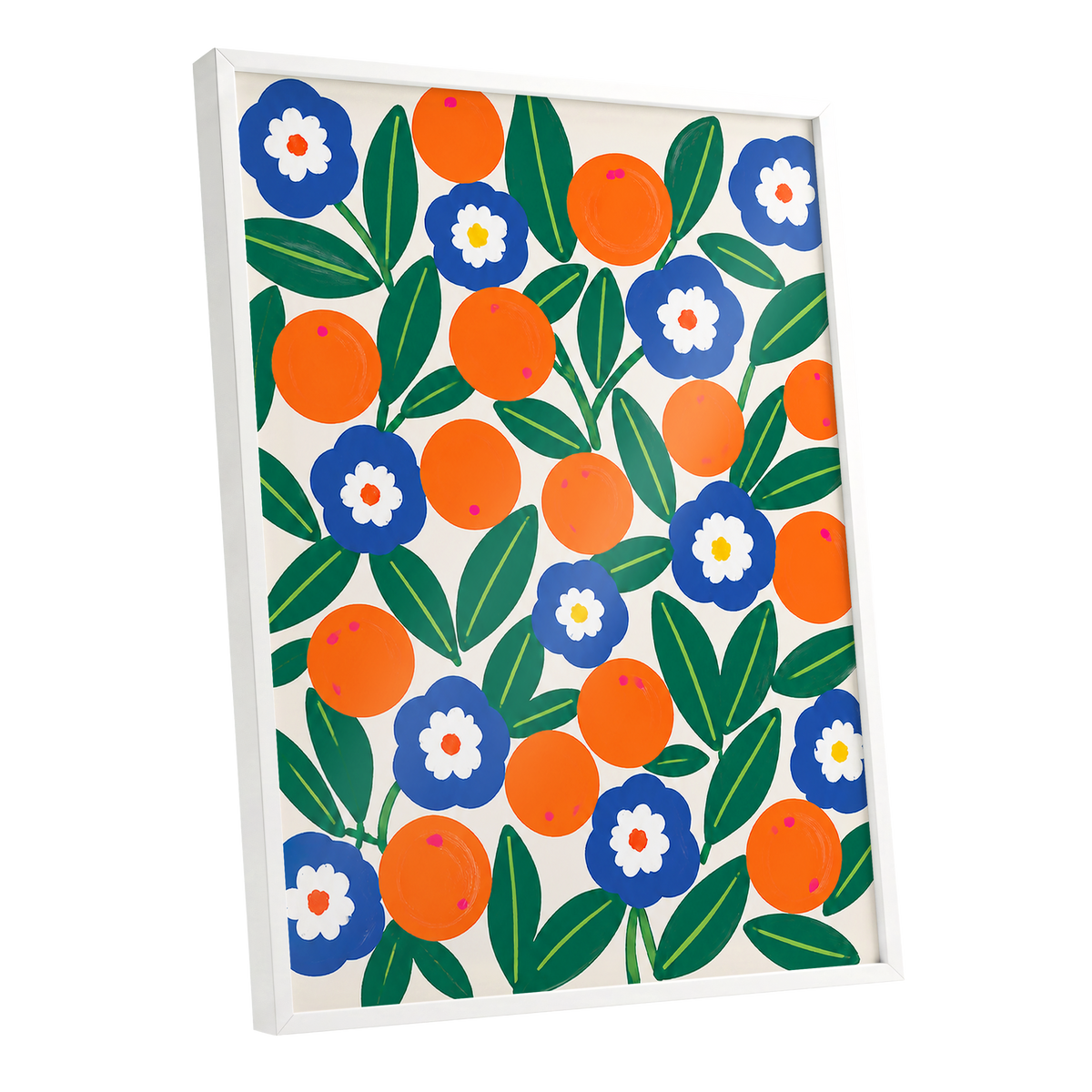 Citrus and Cobalt, orange, blue, green floral wall art shown as a white framed poster wall art print
