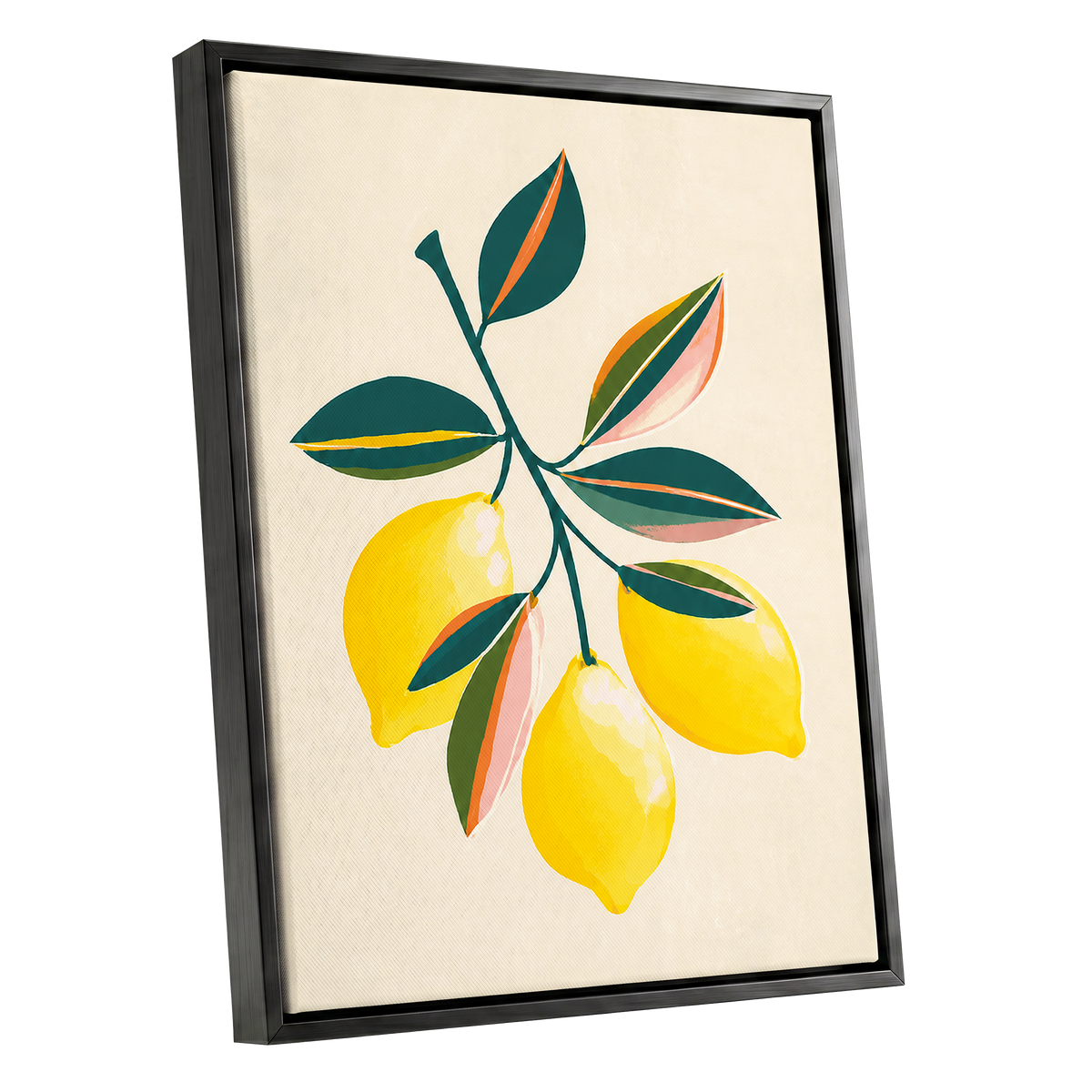 Citrus Colourplay, yellow, green, beige nature wall art shown as a black framed canvas wall art