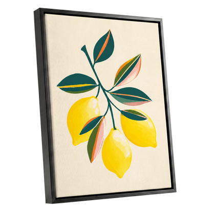 Citrus Colourplay, yellow, green, beige nature wall art shown as a black framed canvas wall art