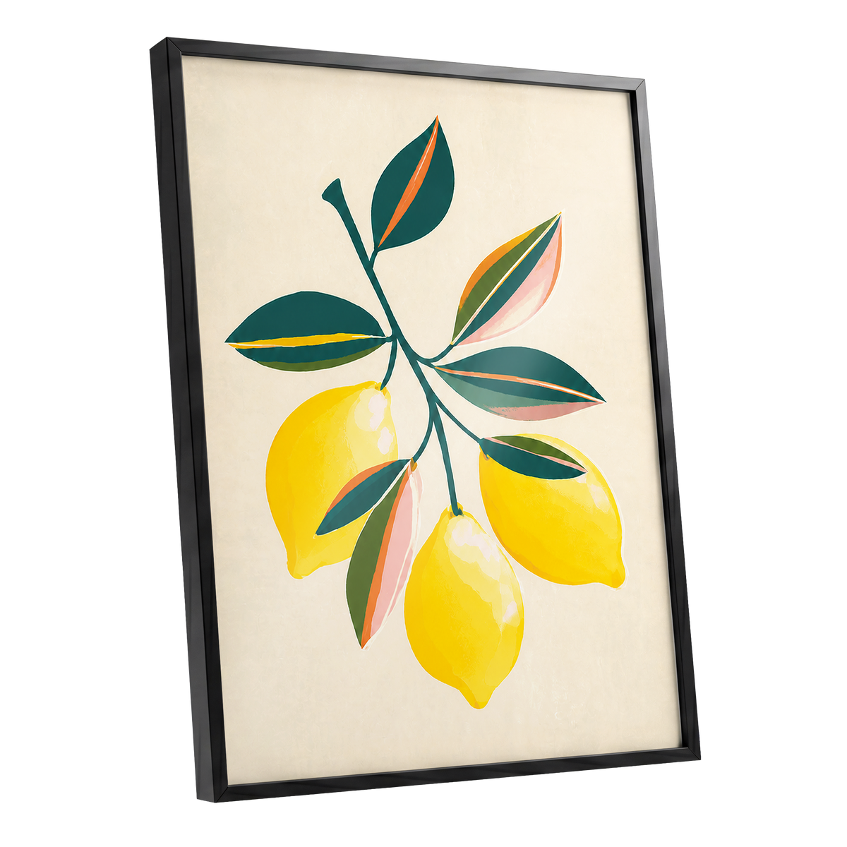 Citrus Colourplay, yellow, green, beige nature wall art shown as a black framed poster wall art print