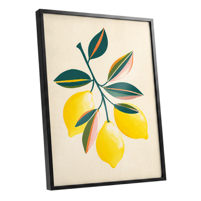 Citrus Colourplay, yellow, green, beige nature wall art shown as a black framed poster wall art print