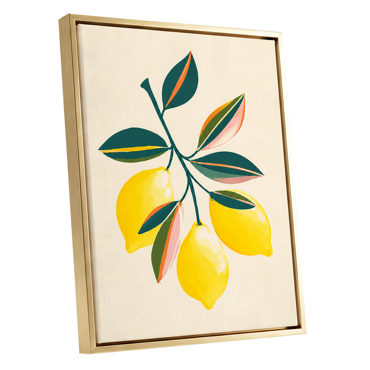 Citrus Colourplay, yellow, green, beige nature wall art shown as a gold framed canvas wall art
