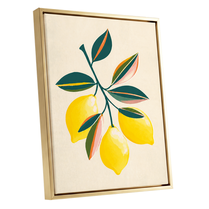 Citrus Colourplay, yellow, green, beige nature wall art shown as a gold framed canvas wall art
