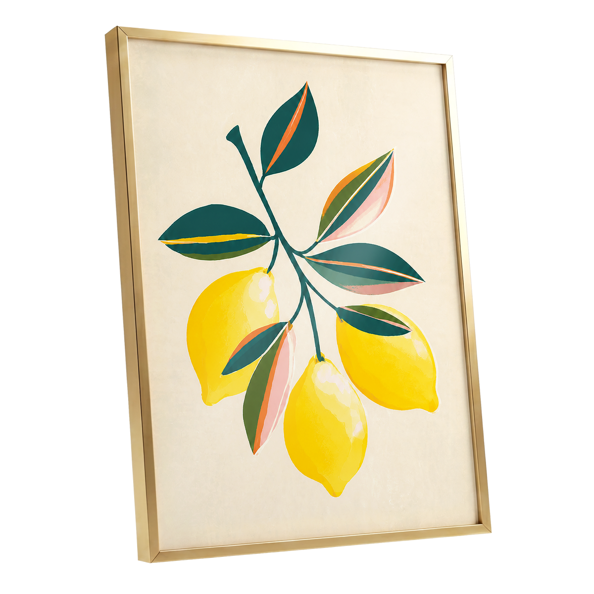 Citrus Colourplay, yellow, green, beige nature wall art shown as a gold framed poster wall art print